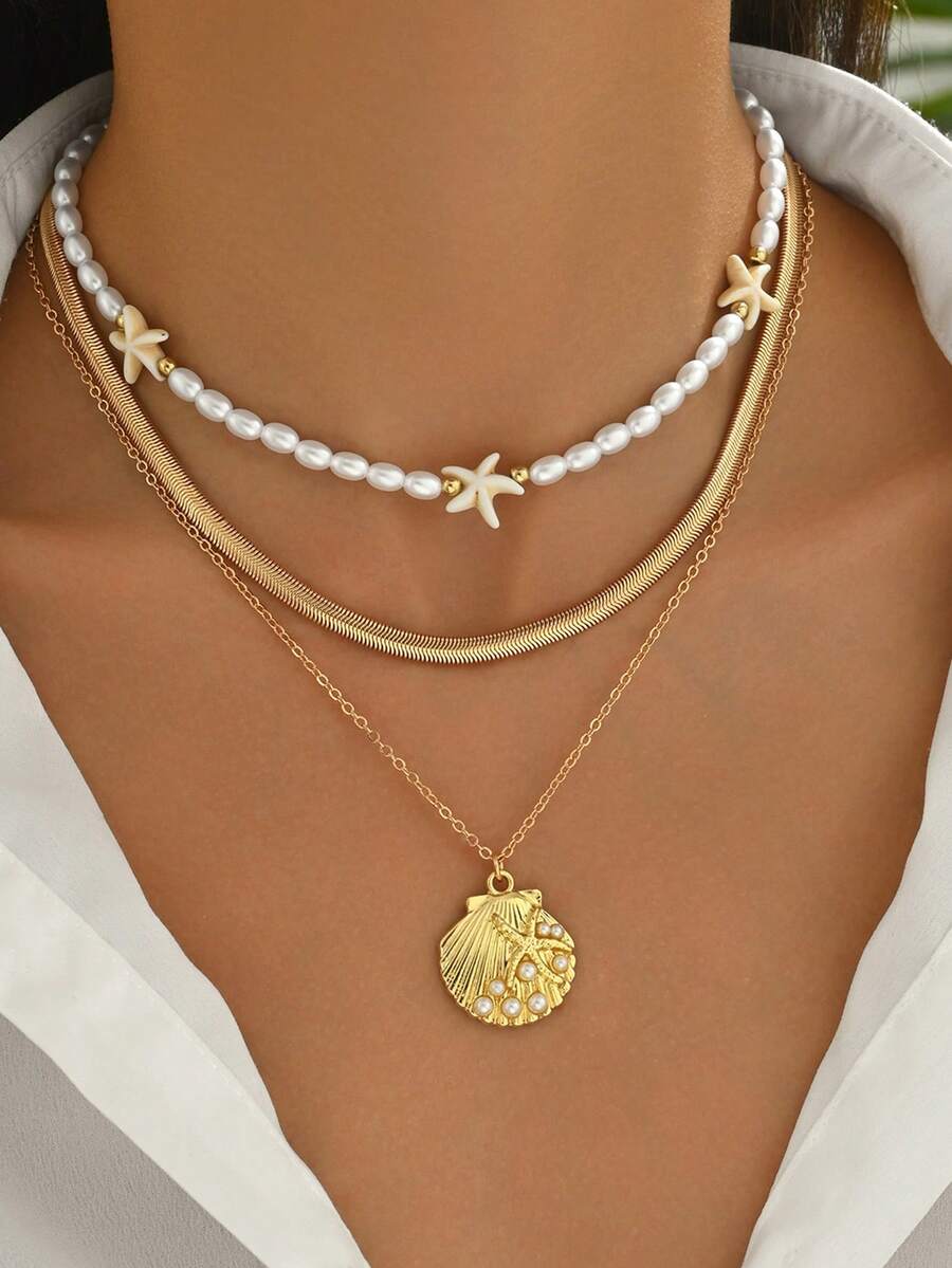 3pcs/Set Fashion Ocean Style Faux Pearl Handmade Beaded Necklace With Starfish & Shell Pendant, Suitable For Beach Vacation, Daily Wear, Dating, Popular Jewelry For Women - Gold - View 1