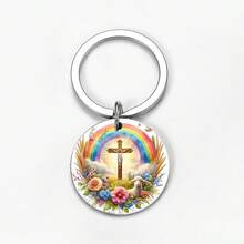 "Easter Resurrection Keychain - Stainless Steel Round With Jesus, Cross & Egg, Believer's Easter Sunday Accessory & Meaningful Christian Gift " - Multicolor - View 9