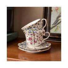 200ML English Porzellan Keramik Kaffeetasse, europäische Art gemusterte Teetasse und Untertasse Set, Retro Luxus Gold getrimmte Nachmittagstee Tasse (Rosa Rosen)-4915 - RosaRosen - Übersicht 9