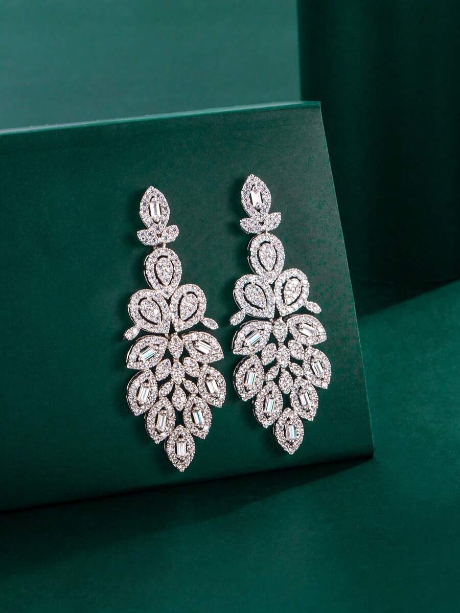 1 Pair Tylionnejewelry Luxury Cubic Zirconia Pendant Earrings, Elegant Women's Jewelry Gift, Suitable For Dates, Weddings, Valentine's Day, Parties, Anniversaries - Silver - View 1