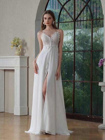 YOUKEFEIER Women's Halter Tie Lace Patchwork Elegant Wedding Dress, Suitable For Wedding, Banquet, Party