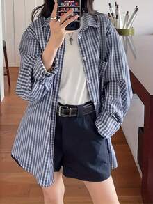 Áo sơ mi kẻ caro cổ điển dành cho nữ, áo khoác chống nắng nhẹ mùa hè, áo kiểu tay dài thiết kế độc đáo giúp thon gọn vóc dáng, thích hợp cho mùa xuân. - Màu xanh hải quân - Xem 9