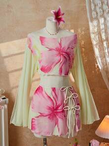 2026 Women's Spring/Summer 2-Piece Beach Outfit, Elegant Romantic Yellow Off-Shoulder Sexy Cropped Mesh Printed Blouse Paired With Side-Tie Bohemian Style Mesh Mini Skirt, Suitable For Beach Vacation, Holidays, Parties, Valentine's Day, New Year, Carnival, Women's Swimwear, Elegant Beach Attire - Yellow - View 6