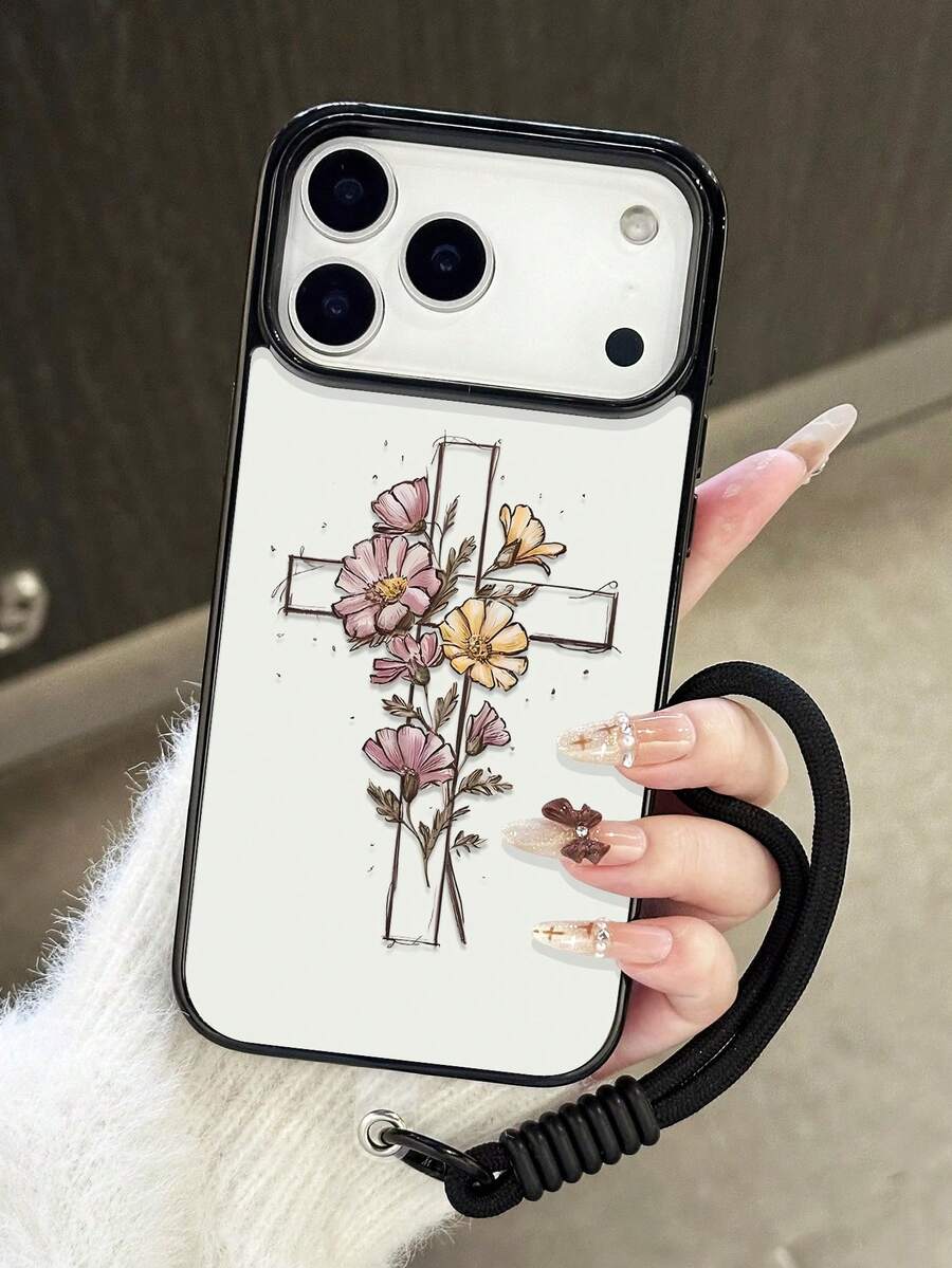 1pc Cross Outline Pink & Yellow Floral Handpainted Phone Case With Black Lanyard, Shock-Proof Protective Cover Compatible With Iphone 17/17 Pro/17 Pro Max/16/11/13/15/15 Plus/15 Pro/15 Pro Max/12/14 Pro Max/11 Pro Max/12 Pro/12 Pro Max/13 Pro/13 Pro Max/14 Pro/14 Plus - Black Lanyard - View 1