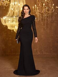 UNITHORSE Women's Elegant Ruched Foldover Asymmetrical Shoulder Sequin Mesh Sheer Long Sleeve Fishtail Hem Formal & Evening Dress - Black - View 3