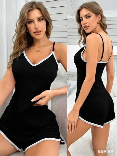 Fashionable Women's Lace Trim Contrast Color Cute & Elegant Minimalist Camisole & Shorts Pajama Set, Spring/Summer