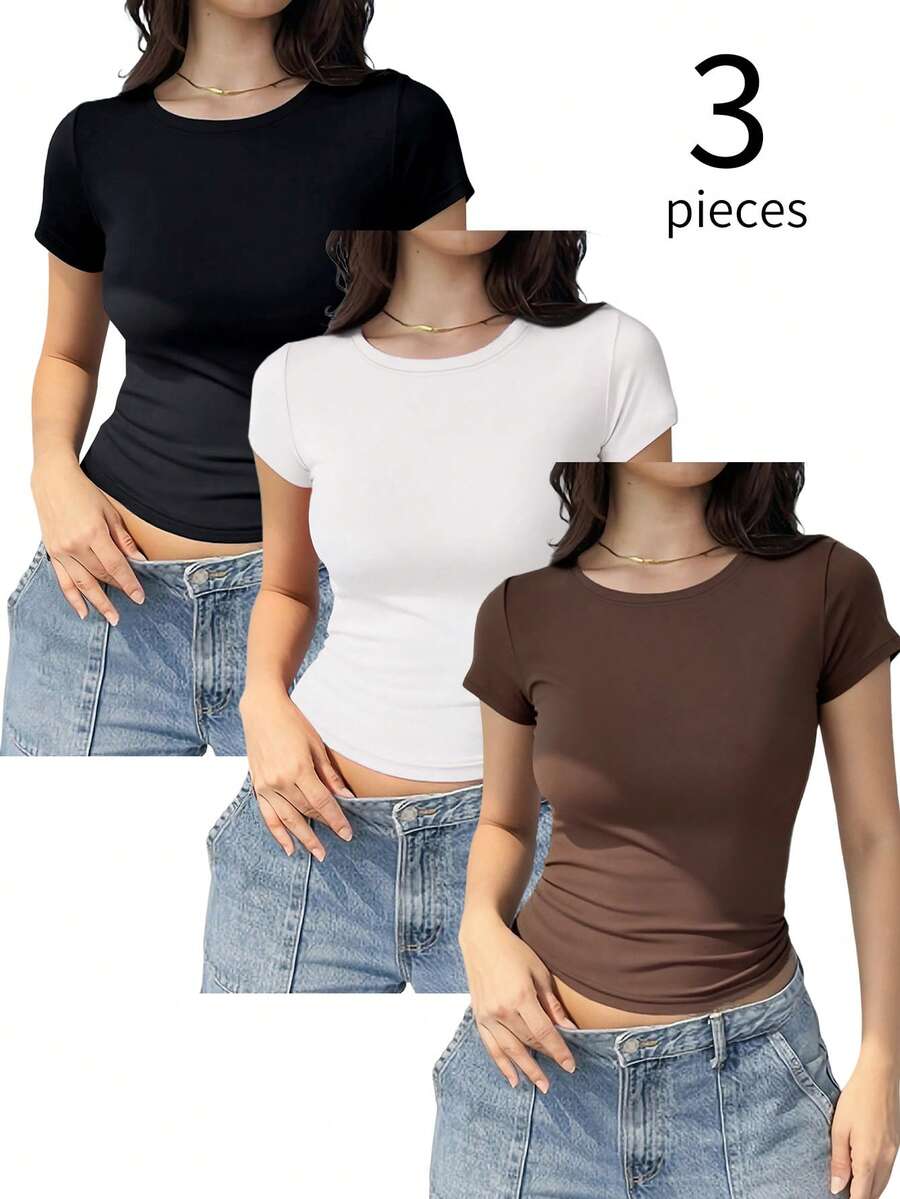 Bộ 3 áo thun nữ cổ tròn tay ngắn, kiểu dáng thời trang trơn màu, ôm sát, thích hợp cho mùa hè. - Nhiều màu - Xem 1