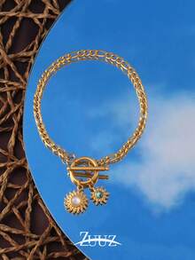 1pc Gold Plated Stainless Steel Natural Stone Sun Charm Bracelet For Women Chain Bracelet Jewelry Gifts Suitable Daily Wear - Bracelet - View 1