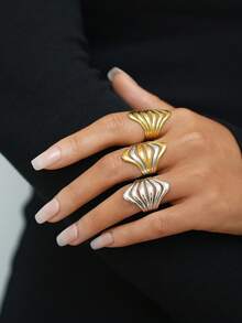 3pcs/1pc Fashion Women's Openwork 18k Gold Plated Stainless Steel Ring, Women's Western Jewelry Is Suitable For Daily Decoration Or Gifting, Suitable For Valentine's Day, Party, Festival And Daily Wear - Multicolor - View 2