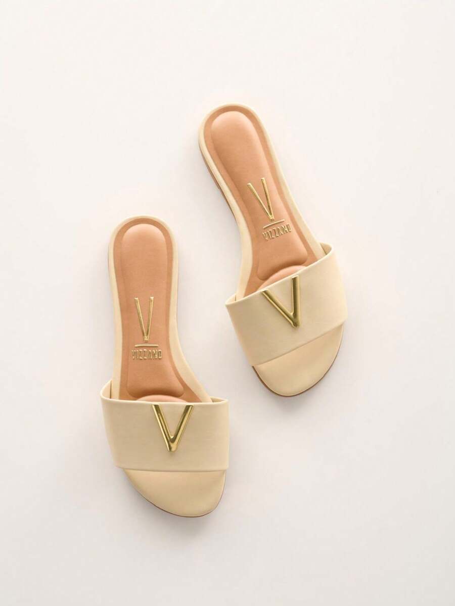 Vizzano Slide Sandal With Textured Strap And Metallic Logo Detail - Cream - View 1