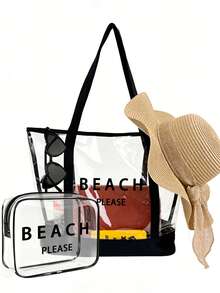 四件套沙滩手提包：印有“Beach Please”字样的透明PVC沙滩包、大容量防水INS风果冻包、春夏镂空遮阳帽、波西米亚风渔夫帽和透气针织宽檐帽。简约大容量单肩包、手提包、便携化妆包、休闲购物袋。 - 彩色 - 查看 17