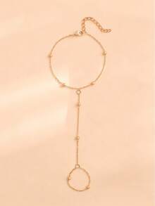 1pc Women's Pearl Chain Finger Ring, Minimalist Fashion Bridal Wedding Hand Decor, Versatile Accessory - Gold - View 4