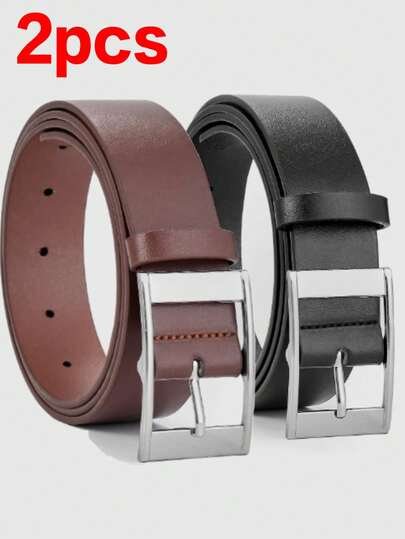 2pcs Fashion Silver Buckle Minimalist Style Versatile Waist Belt, High Quality PU Square Single Needle Buckle Dual Color Waist Belt Suitable For Daily Leisure, Work, Sports And Any Other Occasions