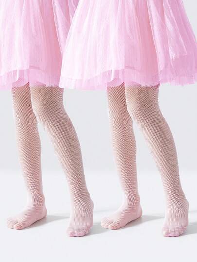 1/2件装儿童薄款白色连裤袜，奢华水钻闪亮超薄网眼袜，简约经典舒适时尚休闲长袜，适合日常穿着、假期、返校季、情人节等场合。