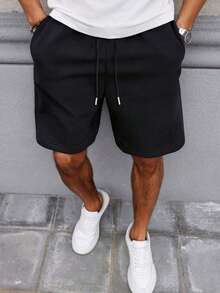 Men's Solid Color Knit Shorts, Summer Lightweight Silky Drawstring Waist Loose Straight Leg Pants, Minimalist Style For Daily Commute, Casual Outings, Evening Dates, Outdoor Sports, Beach Vacations, Streetwear - Black - View 1