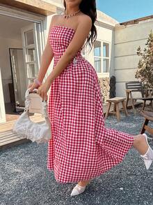 Đầm dài cổ yếm kẻ caro EARO Chic dành cho nữ, kiểu dáng ngọt ngào và tôn dáng, thích hợp mặc đi nghỉ mát mùa hè. - Đỏ - Xem 8