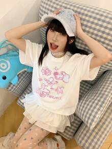 1件女士休闲宽松T恤，2026春夏新款，涂鸦印花，可爱乡村图案，甜美少女风，百搭圆领上衣 - 白色 - 查看 2