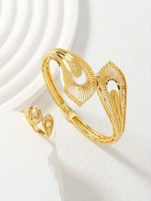 2pcs Gold-Plated Hollow Bangle & Ring Set, Middle Eastern Style Jewelry Suit, Suitable For Daily Stacking Or Eid Gift - Yellow Gold - View 6