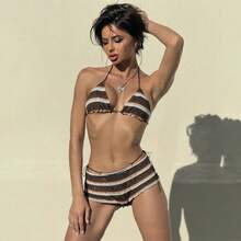 2025 Spring And Summer New Women's Fashion Sexy Halter Neck Tie Striped Bikini Three-Piece Set - Đen và trắng - Xem 8