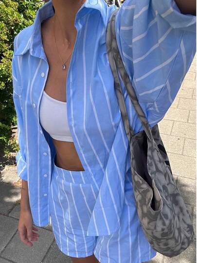 Conjunto de 2 piezas de verano para mujer Look Polly, de rayas azules y blancas con sensación de lino, camisa de manga larga con cuello y botones emparejada con shorts de cintura ceñida, conjunto de vacaciones de ajuste delgado