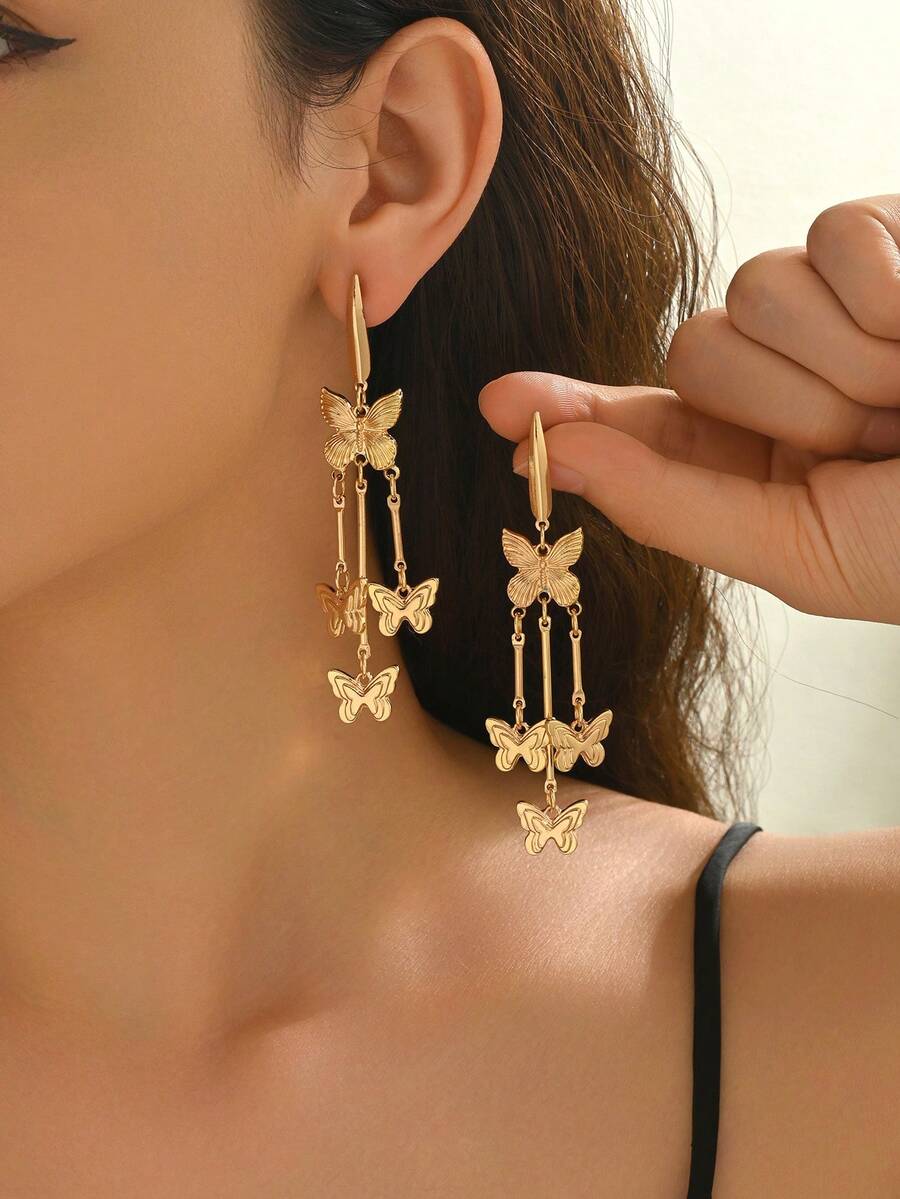1 Pair Fashionable & Elegant Metal Butterfly Tassel Drop Earrings, Lightweight & Dynamic, Suitable For Autumn/Winter Daily Wear, Gatherings With Friends, Parties, And Gift-Giving Occasions - Golden - View 1