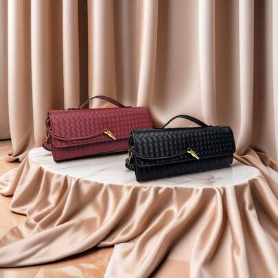 Multicolor Woven Diagonal Zipper Crossbody Bag, Shoulder Bag, Square Bag, Clutch, Party Bag, Vintage Minimalist Artificial Woven Texture Angola Red Retro Buckle Flap Long Wallet Clutch, Shoulder Bag, Elegant Choice For Formal Events, Parties, Daily Matching, Small Handbag