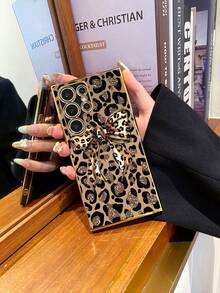 1pc 6D Electroplated Black TPU Amber Leopard Print Element Personalized Fashion Bow Illustration Pattern Shockproof Phone Case - Multicolor - View 1