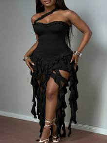 Plus-Size Women's One-Shoulder Ruffle Long Dress, Slim-Fitting And Bodycon Design, Asymmetrical Hem With Shorter Front And Longer Back, Suitable For Parties And Evening Outings. - Black - View 4