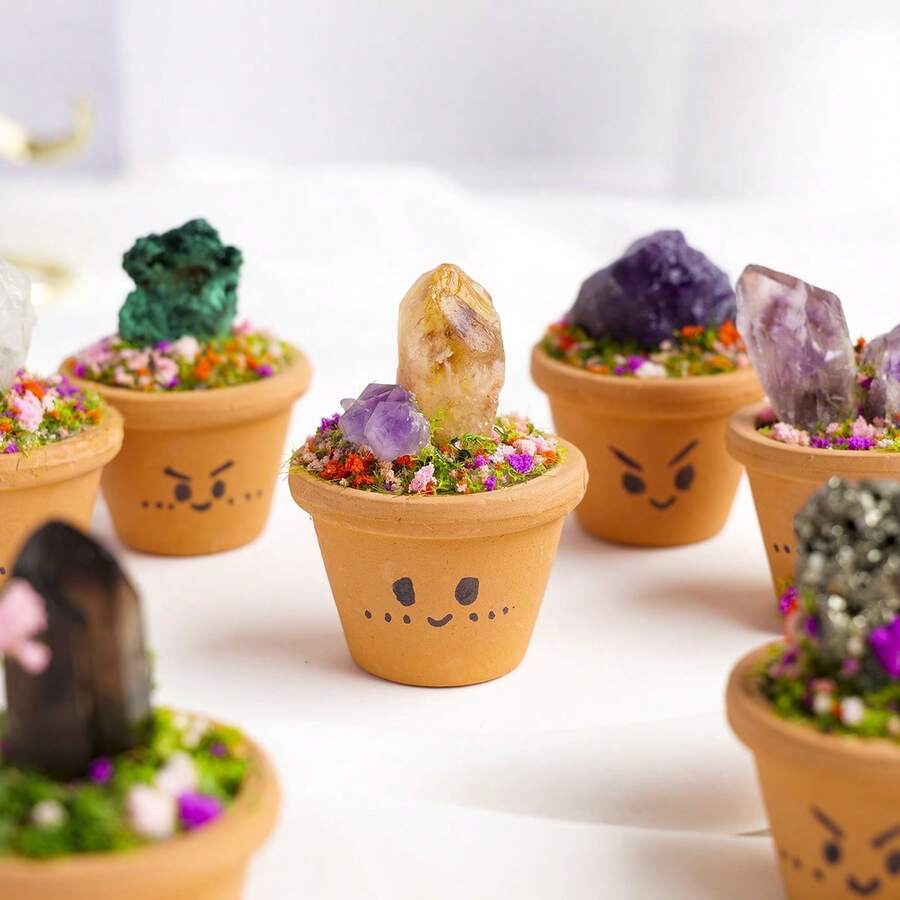 1pc Natural Crystal Mini Raw Stone Clay Pot Base Amethyst Quartz Healing Gemstones Potted Plant Style Crafts Feng Shui Home Hecoration Mini Garden Landscape