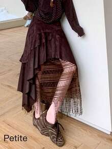 小码优雅纯棕色休闲派对中长连衣裙，波西米亚风荷叶边流苏不对称裙摆，适合度假、日常穿着和乡村音乐节。 - 咖啡棕 - 查看 2