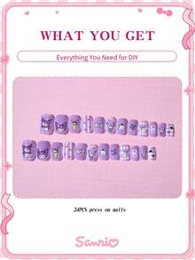 SANRIO 24片Y2K风格方形短指甲贴纸，带有可爱蝴蝶结、葡萄和爱心图案，完美贴合人造指甲，适合女性和女孩日常使用，美甲艺术 - 彩色 - 查看 5