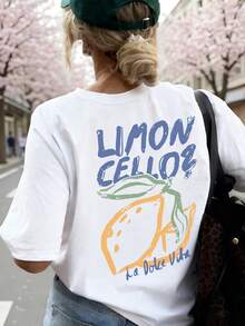 女士柠檬印花圆领短袖T恤，休闲度假风上衣，时尚夏季日常休闲T恤 - 白色 - 查看 7