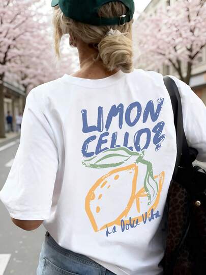 女士柠檬印花圆领短袖T恤，休闲度假风上衣，时尚夏季日常休闲T恤 白色