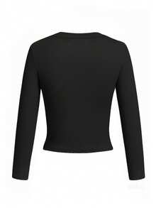 3 piezas Camisetas de manga larga con cuello redondo para mujer, tops casuales ajustados y cortos de unicolor de moda para el verano - Multicolor - Ver 7