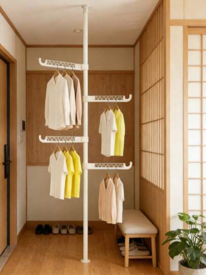 2 opzioni: Stendibiancheria indipendente diametro 28mm / Portaoggetti retrattile casuale nero o bianco / Appendiabiti da camera da letto