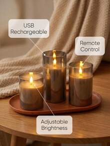 3pcs Rechargeable Flameless LED Candles With Moving Wick, Flickering Flame, Battery Powered (Batteries Included), Remote Control And Timer (Set), Suitable For Home Decor, Wedding, Holiday, Party (Gray) - Grey - View 3