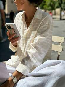 女士杏色格子长袖防晒衬衫，适合海滩、度假、日常穿着、约会、派对等场合。 - 杏色 - 查看 5