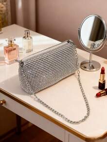 水钻肩带单肩包，拉链晚宴手拿包，高品质腋下包 - 銀色 - 查看 6