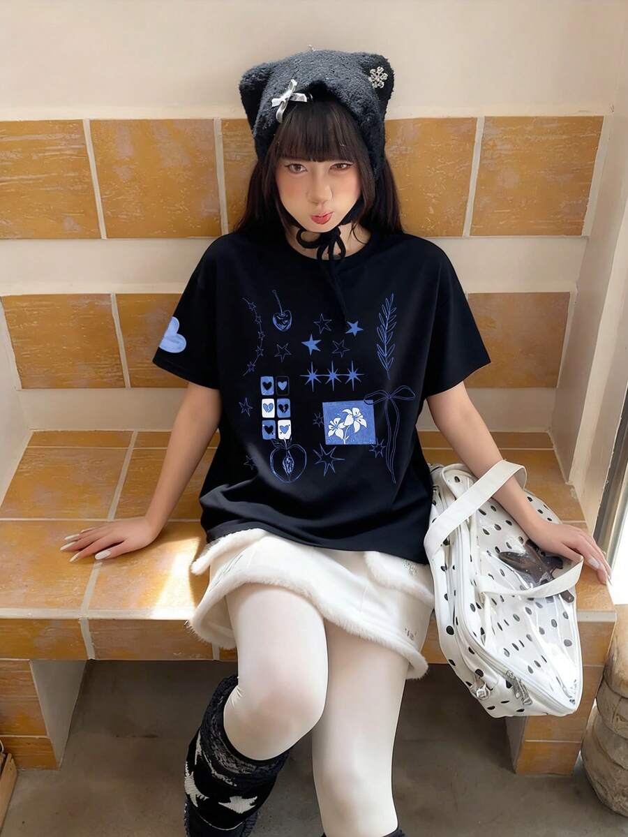 1件装 女士休闲宽松乡村风星形印花撞色T恤，时尚韩版学院风，圆领上衣，2026春夏款 - 黑色 - 查看 1