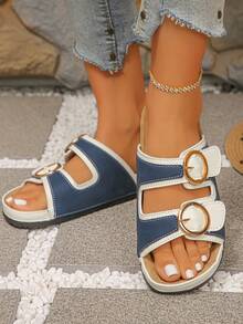 Plus Size 36-43 Fashion Casual Thick Sole Slippers, Daily & Outdoor Wear, Gray Blue, Burgundy, Roman Style Lightweight & Comfortable Versatile Summer Flat Sandals For Women - Premium Blue and White - View 3