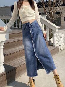 Rok A-Line Ramping, Rok Kasual Warna Polos Pinggang Tinggi yang Melangsingkan dan Menawan - Biru - View 3