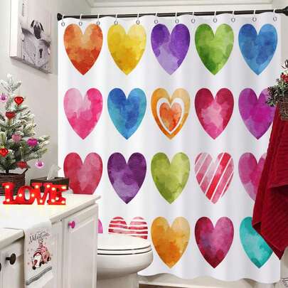 1pc Colorful Heart-Shaped Shower Curtain, Sweet Heart-Shaped Printed Shower Curtain, Very Suitable For Bathroom Decoration, Universal Room Decoration, Home Decoration Set, Bathroom Accessories Bathtub Curtain