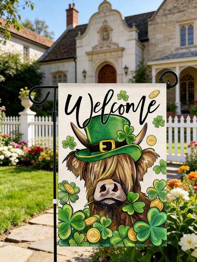 Bandeira de jardim com animais de estimação (1 unidade), Bandeira de jardim com gado das Terras Altas para o Dia de São Patrício, Bandeira floral de juta para jardim, decoração rústica e sazonal de verão para áreas externas, Bandeira de jardim sazonal de juta, Decoração de São Patrício, Decorações de pátio com tema de trevo.