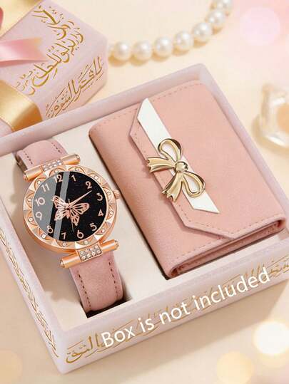 2pcs Set Elegant Women's Quartz Watch With Delicate Wallet, Classic Round Dial, Comfortable PU Strap, Best Gift For Her, Suitable For Daily Wear, Exquisite Design, Excluding Gift Box