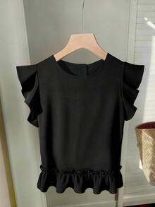 Women's Ruffle Trim Button Back Blouse, Fashionable And Cute - Black - View 1