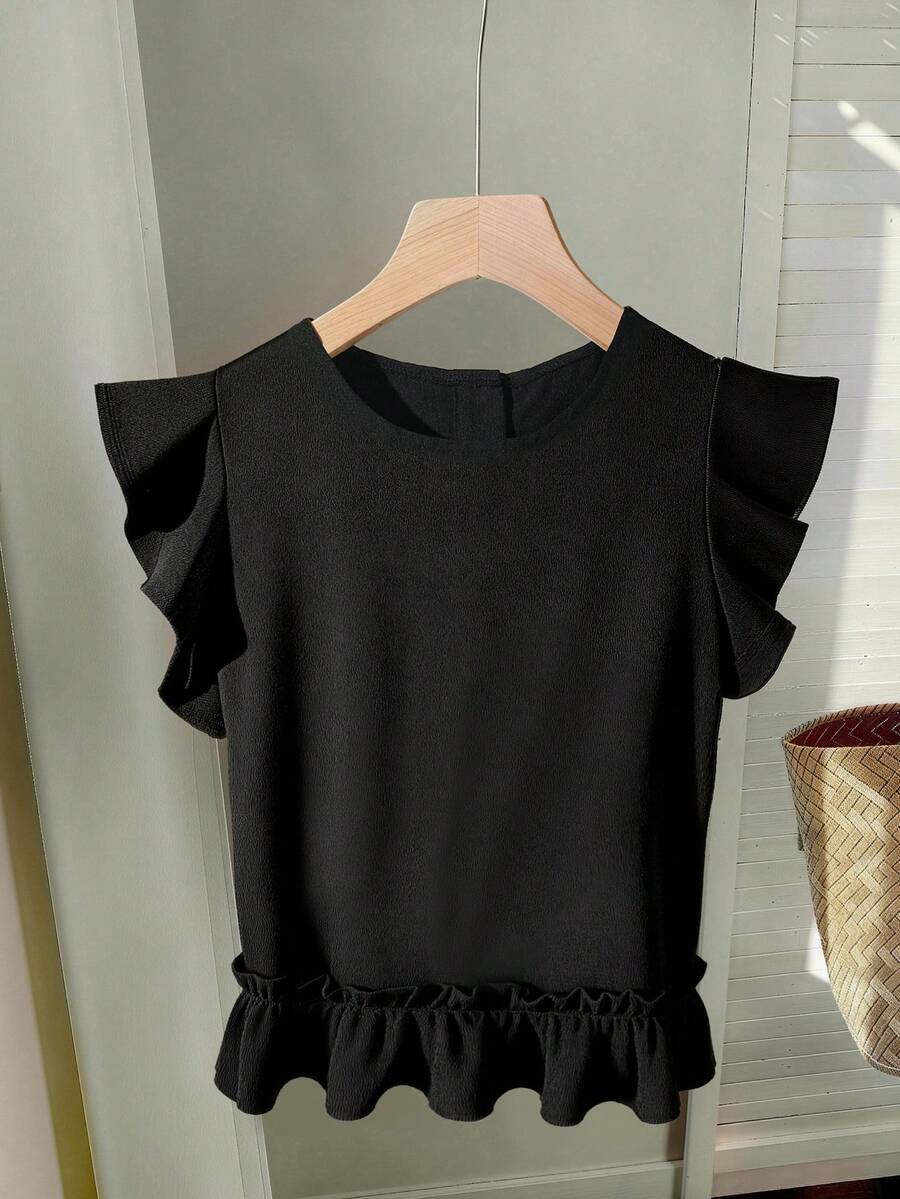 Women's Ruffle Trim Button Back Blouse, Fashionable And Cute - Black - View 1