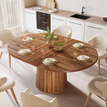 Tribesigns Oval Dining Table For 6 People, 55.11 Inch Farmhouse Wood Dining Table, Rustic Kitchen Table With Wooden Tabletop And Cylindrical Base For Dining Room (Brown) - 棕色 - 查看 4