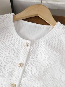 2pcs/Set Big Girls Casual Vacation Style Hollow Out Fabric Sleeveless Crop Top & White Long Pants Suit, Summer - White - View 2