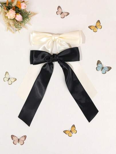 2个白色黑色缎面蝴蝶结发夹，适合女孩佩戴，纯色发夹，精致亮泽的鳄鱼夹，优雅的法式发卡，日常节日派对发夹，青少年发饰