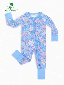 MIOZING  Bamboo Viscose Baby Romper With Two-Way Zipper,Spring Floral Blossom & Butterfly Print,Breathable Long Sleeve Jumpsuit Sleepwear For Boys Girls 0-24M - 紫丁香色 - 查看 1